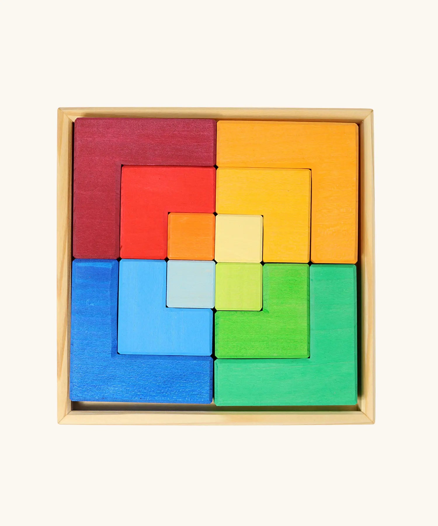 Grimm's large creative puzzle square wooden toy in a wooden storage display tray. 