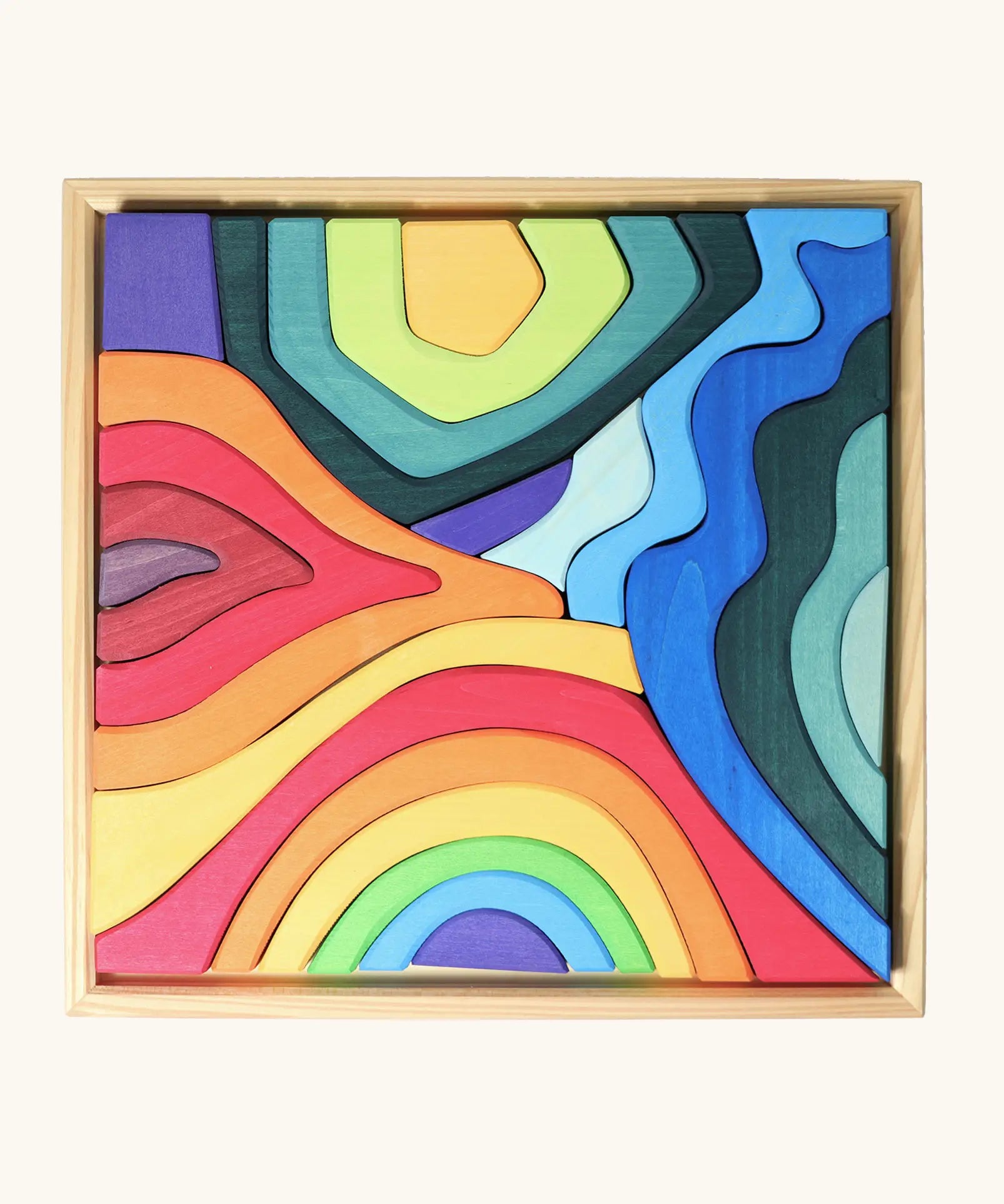 Grimms large elements set showing individual wooden coloured pieces in a frame