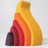 Side of the large Grimms handcrafted wooden fire set showing each flame piece slotting into each other 