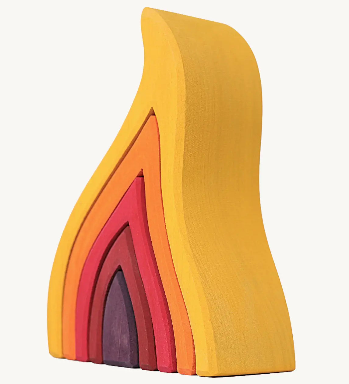 Grimms handcrafted wooden large fire. A set of 5  flame pieces in warm shades perfect for stacking and open ended play