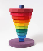 Inverted stack using the blocks from the the Grimms large geometric tower in a rainbow palette