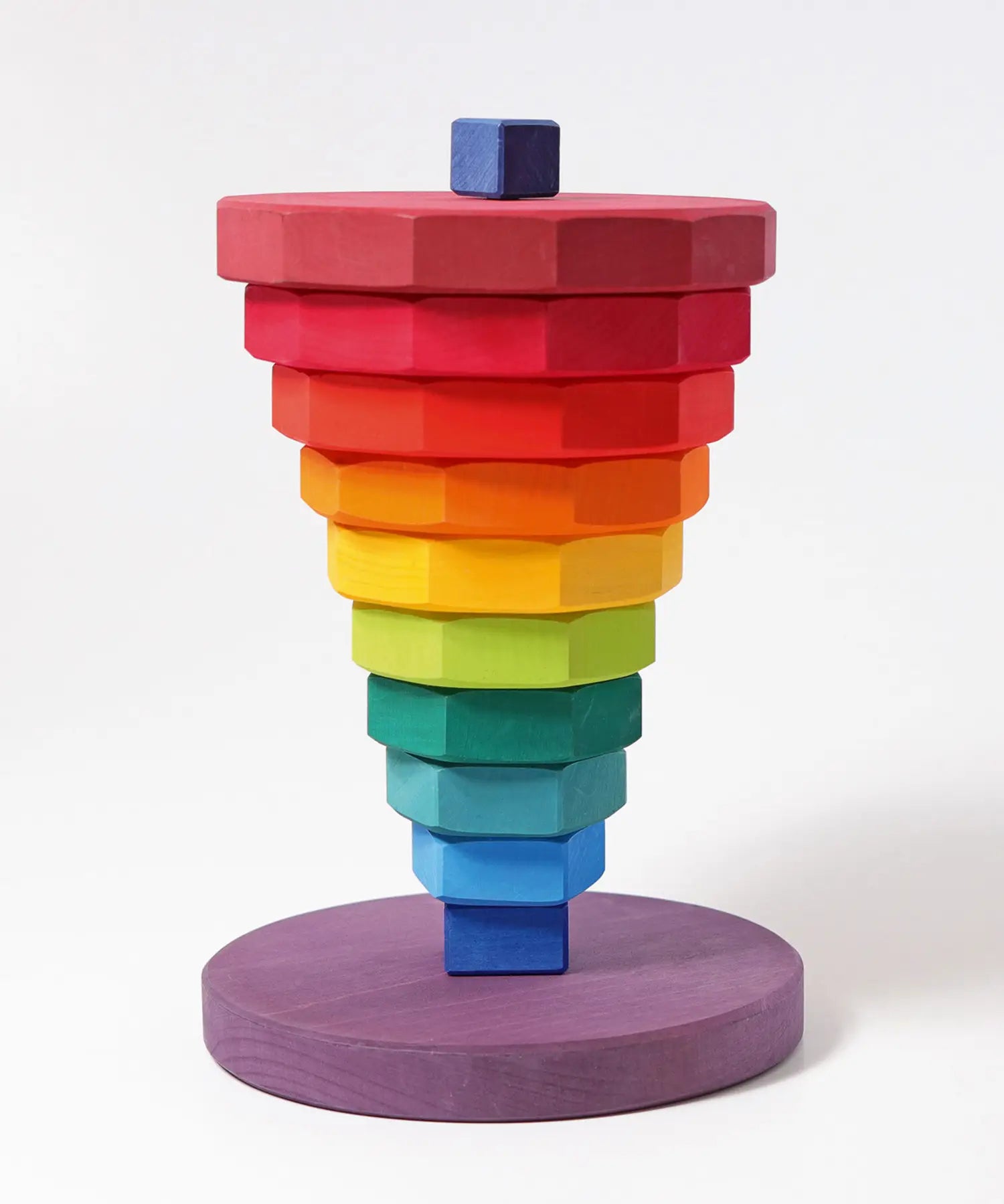 Inverted stack using the blocks from the the Grimms large geometric tower in a rainbow palette