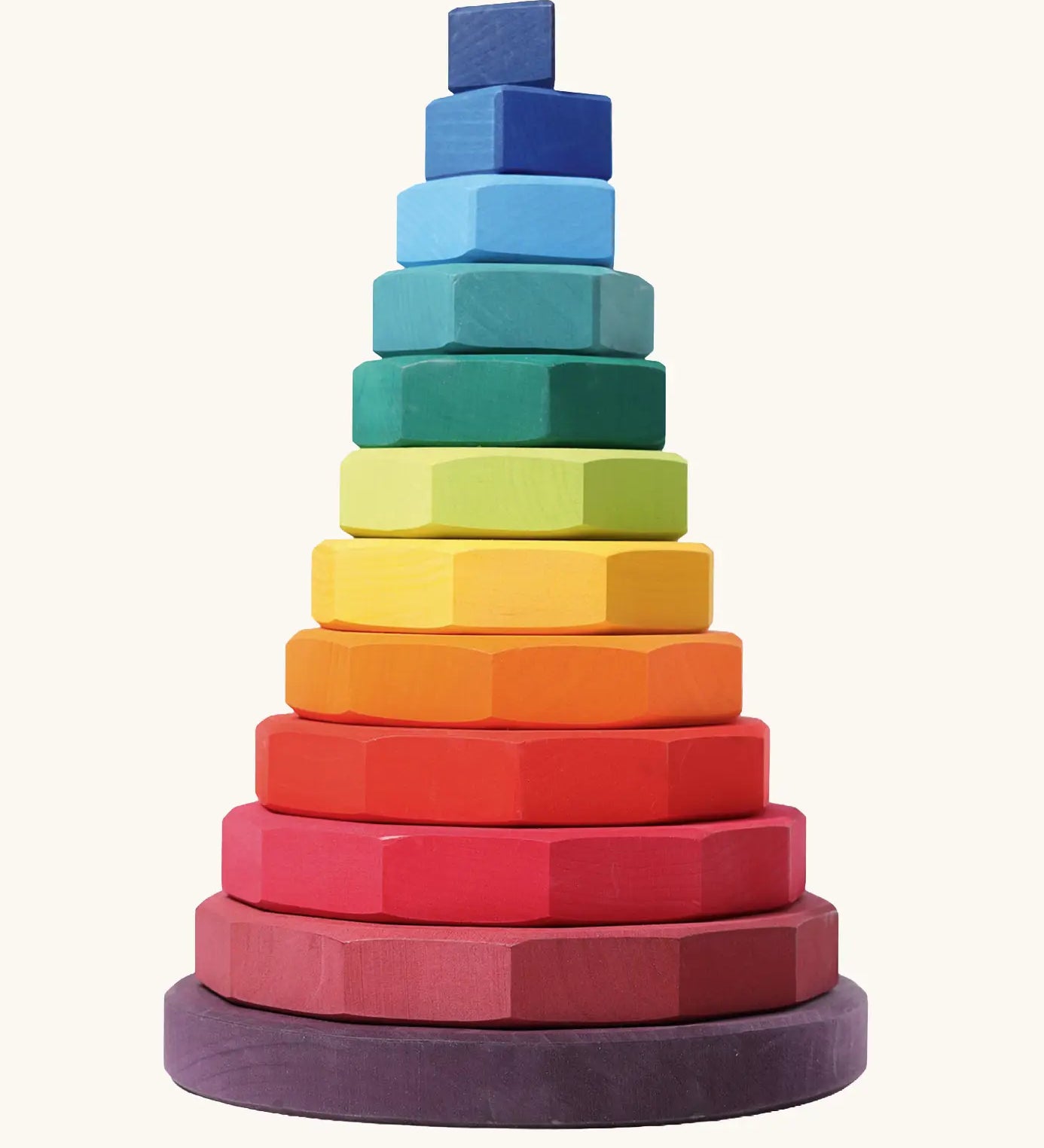 Grimms large geometric tower stacking toy. Includes 12 handcrafted wooden geometric shapes and a base in a rainbow palette