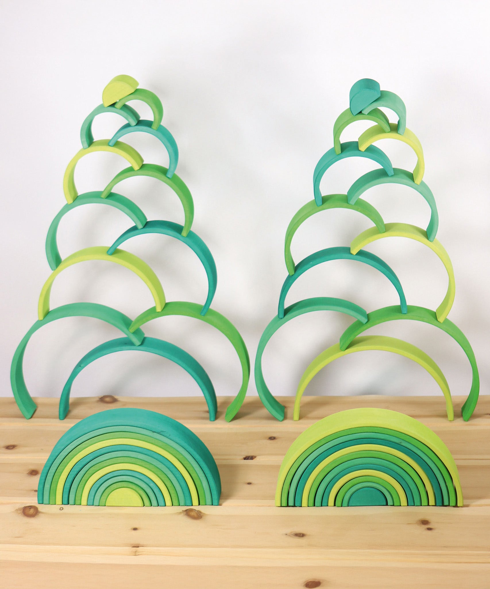 2 tall stacks made from the forest and meadow Grimms wooden rainbow sets. These both are available at Babipur.