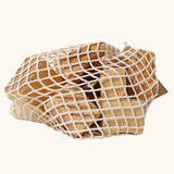 Grimm's large wooden natural building blocks set in it's string storage bag.