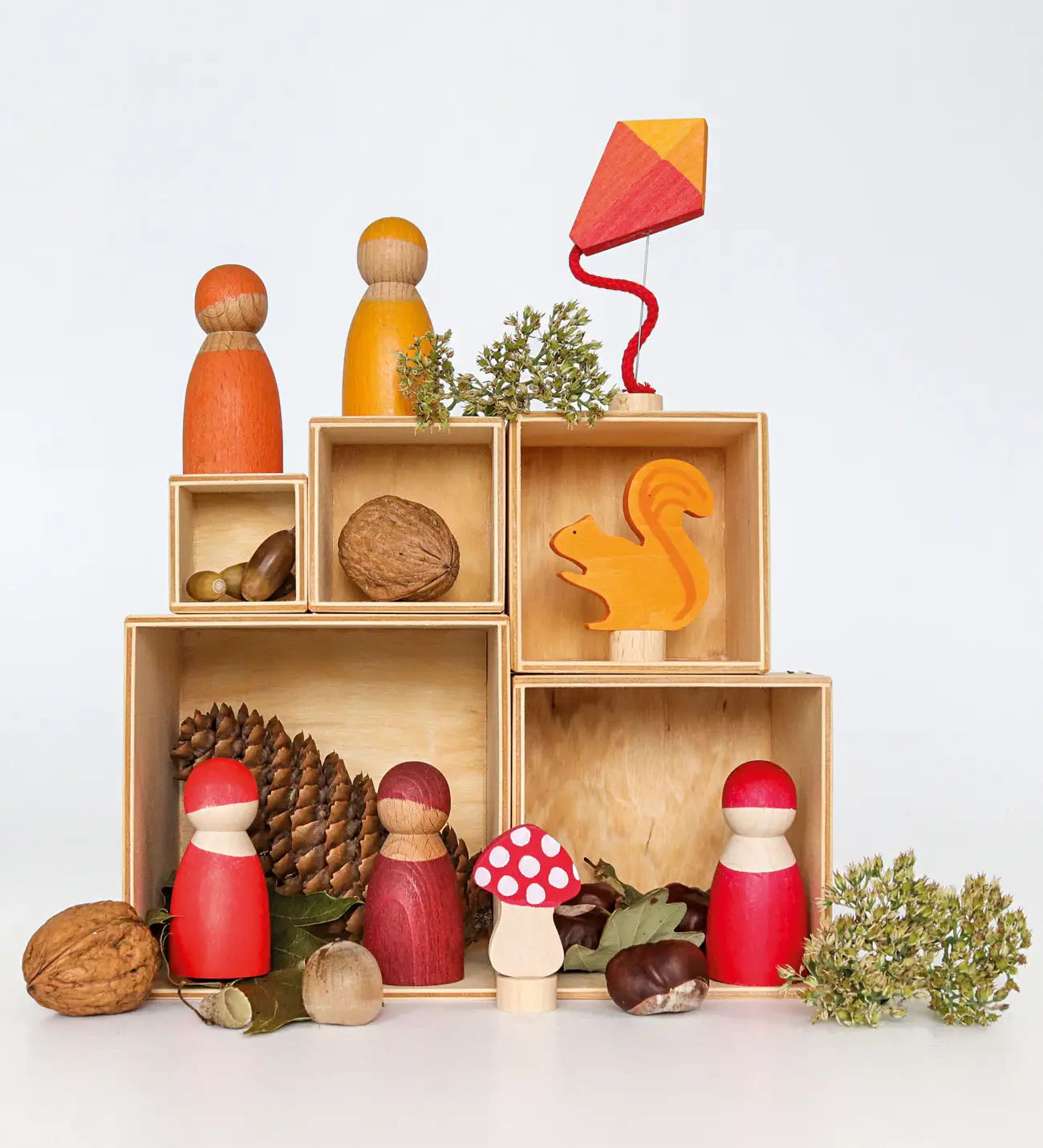 A Autumn inspired display using the Grimms large wooden natural building boxes