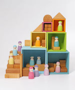 A house made from the Grimms large pastel boxes and other wooden building blocks 