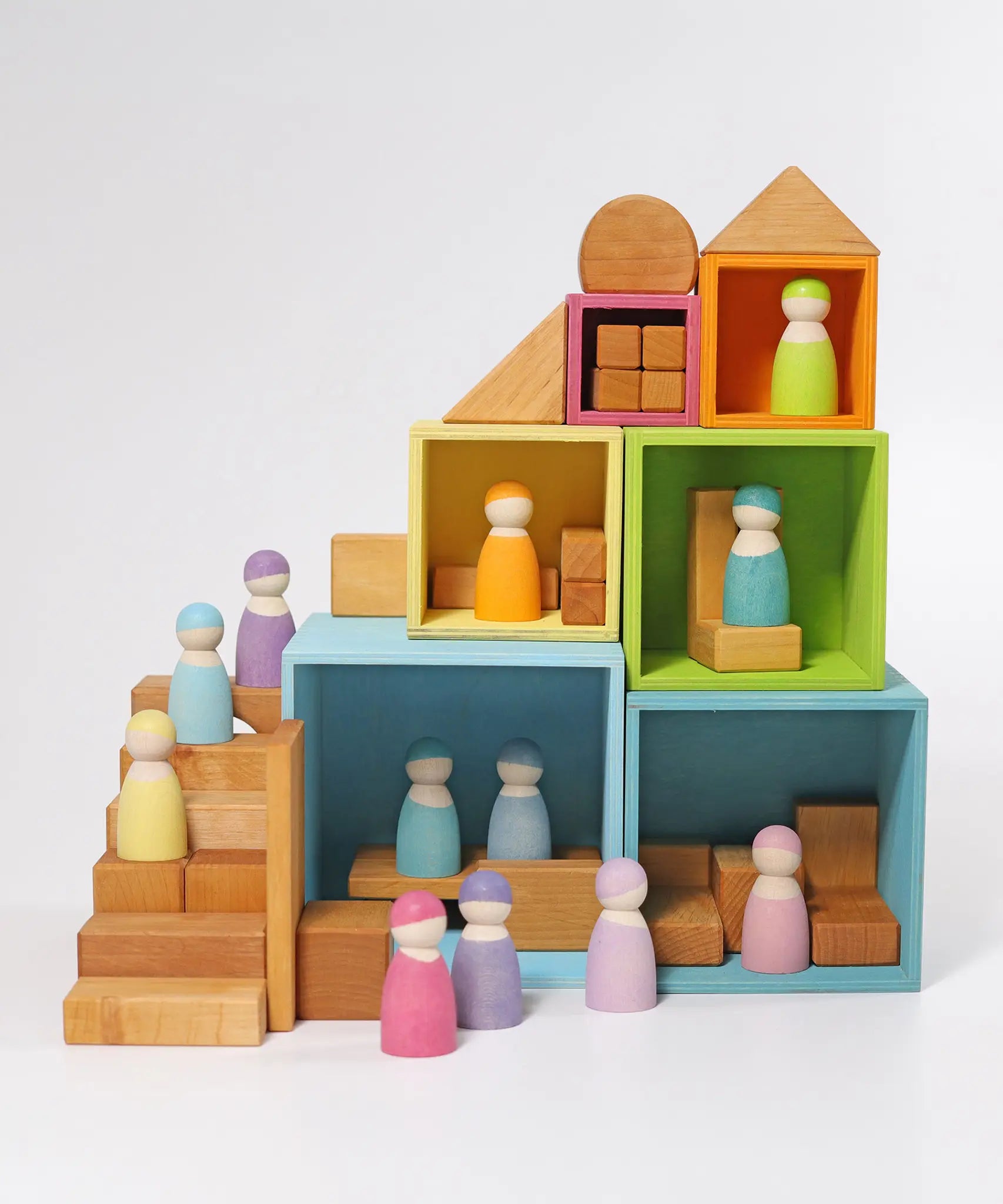 A house made from the Grimms large pastel boxes and other wooden building blocks 