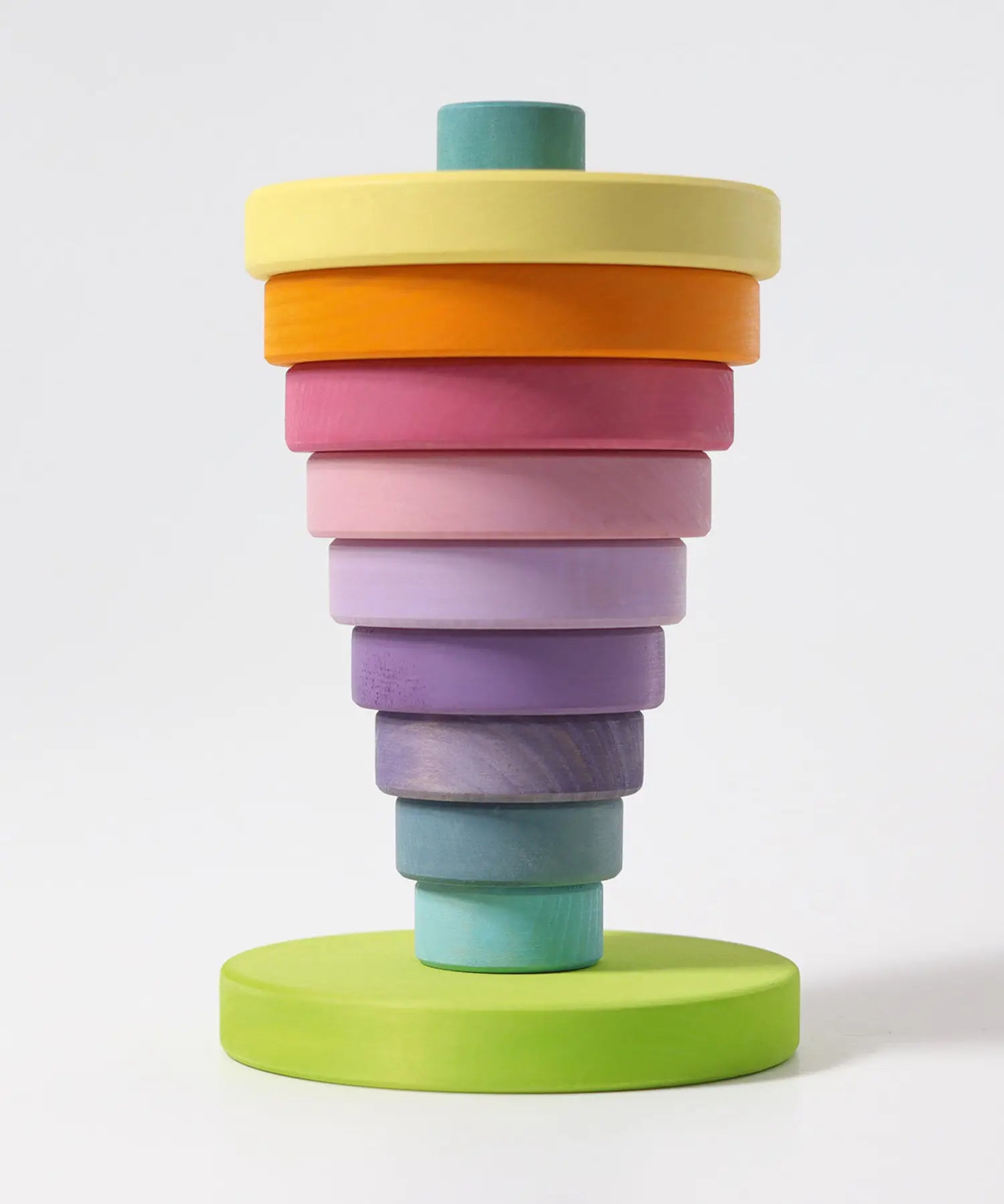 Grimms large conical tower in pastel colours showing a stack inverted on the base