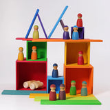 A house made from the Grimms large rainbow boxes and other wooden building blocks 