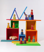 A house made from the Grimms large rainbow boxes and other wooden building blocks 