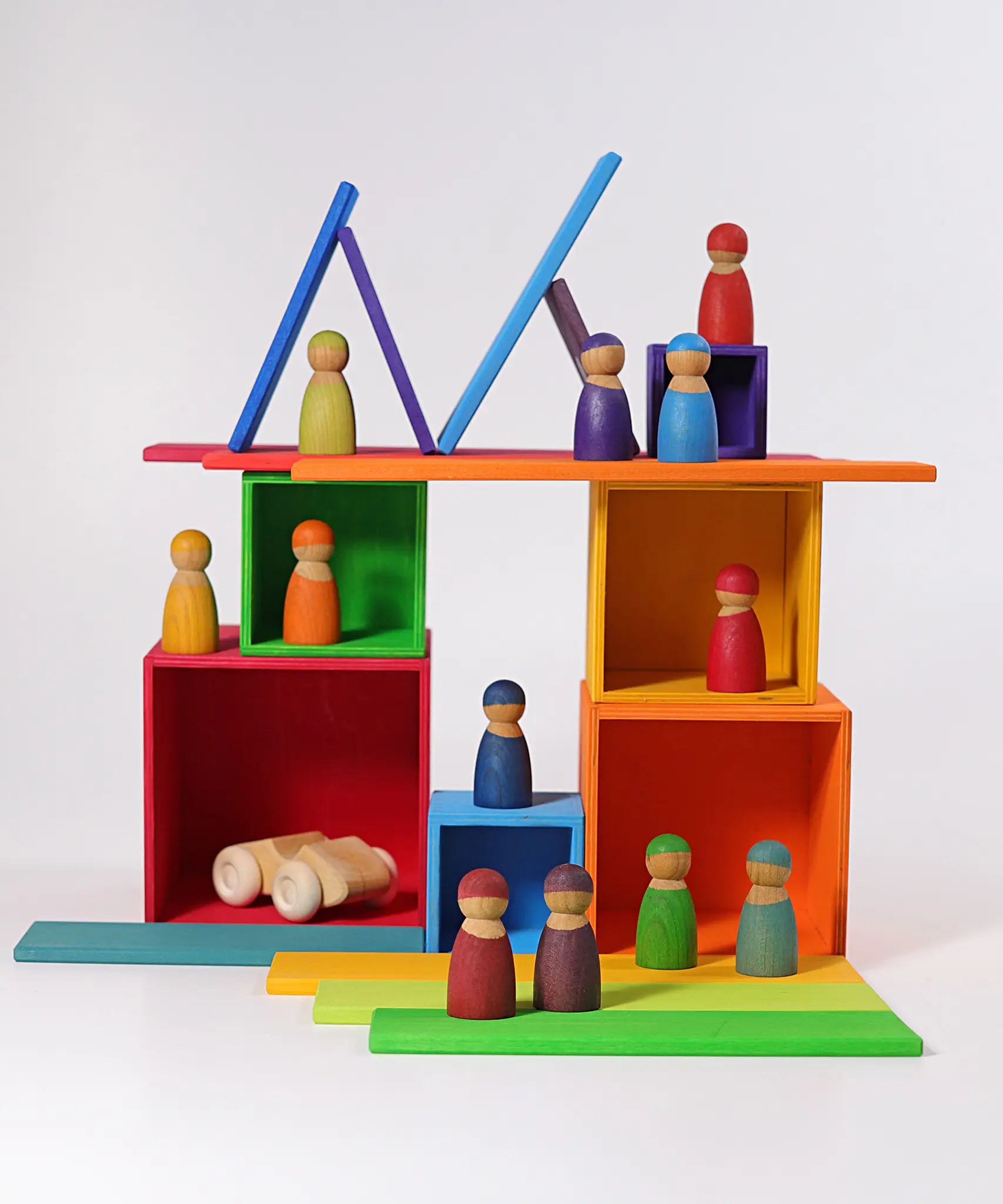 A house made from the Grimms large rainbow boxes and other wooden building blocks 