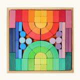 Grimm's large Romanesque wooden building block set in a wooden storage display tray.