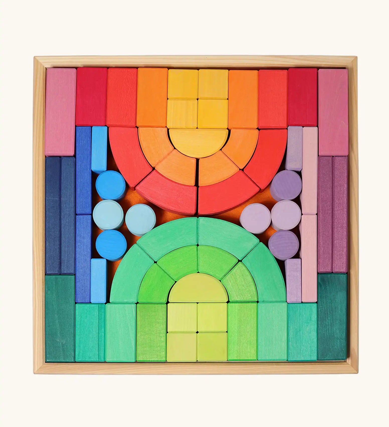 Grimm's large Romanesque wooden building block set in a wooden storage display tray.