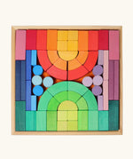 Grimm's large Romanesque wooden building block set in a wooden storage display tray.