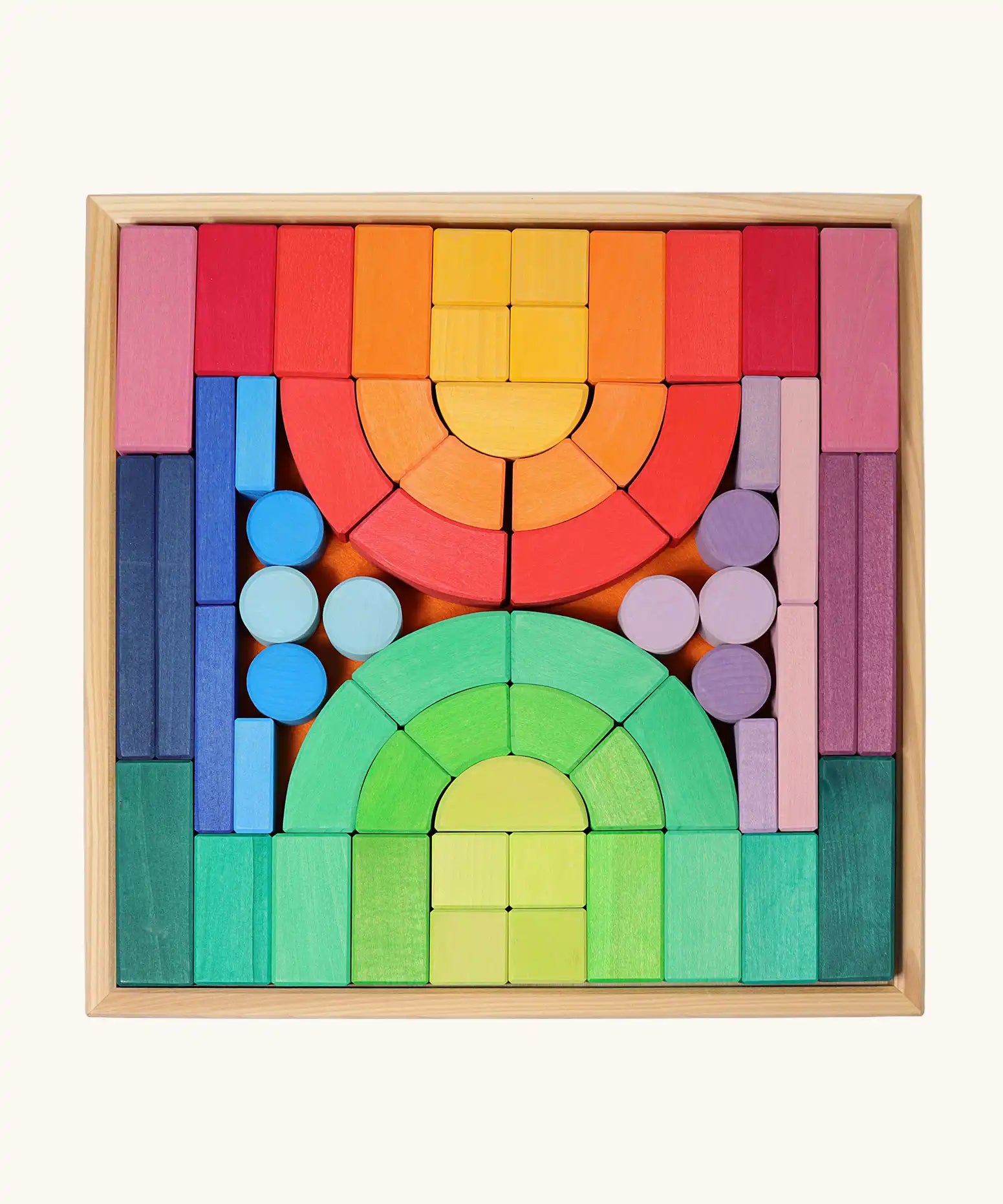Grimm's large Romanesque wooden building block set in a wooden storage display tray.