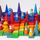 Grimm’s World of Numbers wooden counting toys showing counting blocks, peg dolls, forest and mushroom pieces