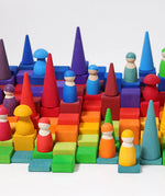 Grimm’s World of Numbers wooden counting toys showing counting blocks, peg dolls, forest and mushroom pieces