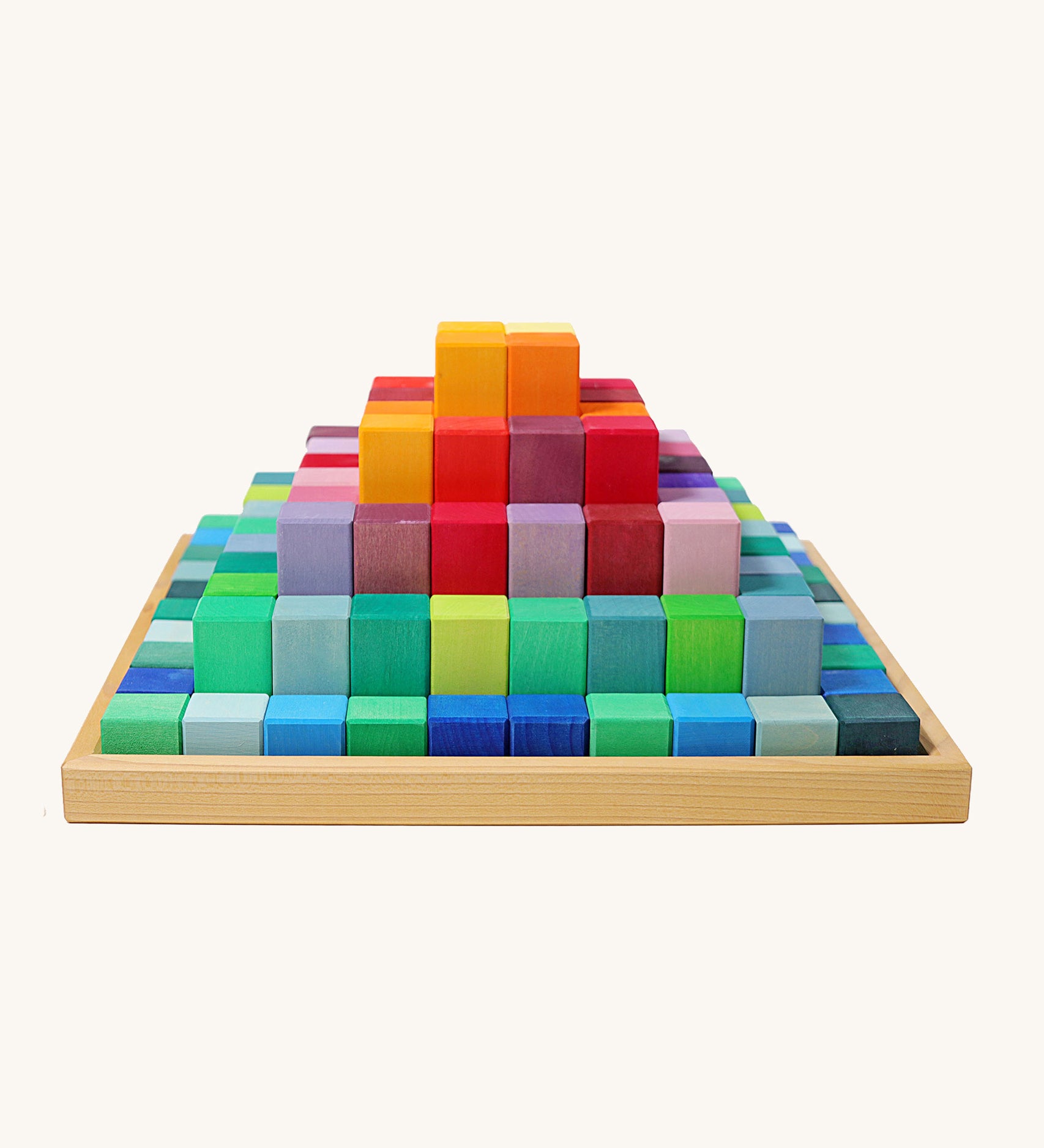 Grimm's rainbow coloured Large Stepped Pyramid wooden toy building block set. These Grimm's toys are part of a wide range of wooden toys available here at Babipur. 