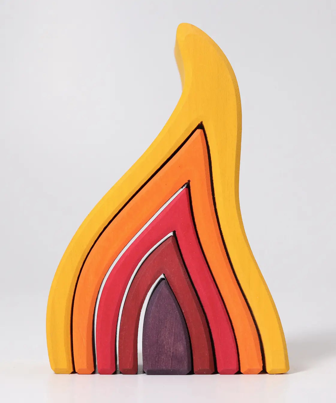 Front of the Grimms handcrafted large wooden fire set showing each flame piece slotting into each other 