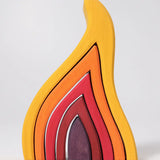 Front of the Grimms handcrafted large wooden fire set showing each flame piece slotting into each other 
