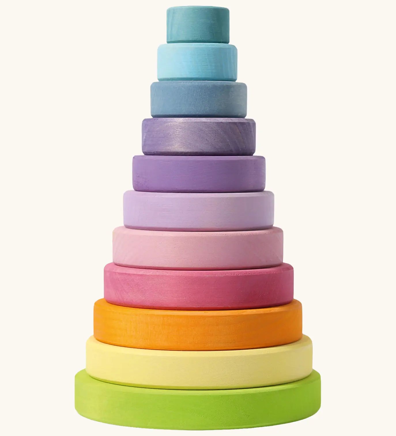 Grimms large wooden conical tower in pastel colours. A 11 piece set with chunky disk pieces, a base with a peg for stacking and counting games