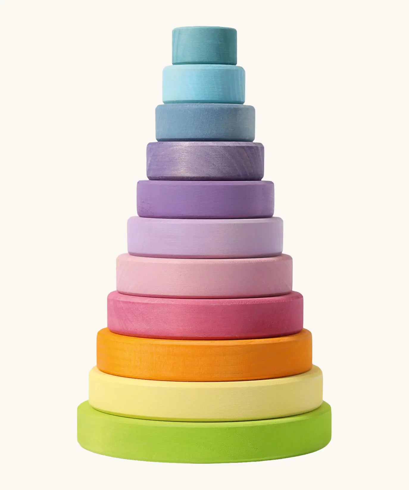 Grimms large wooden conical tower in pastel colours. A 11 piece set with chunky disk pieces, a base with a peg for stacking and counting games