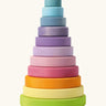 Grimms large wooden conical tower in pastel colours. A 11 piece set with chunky disk pieces, a base with a peg for stacking and counting games