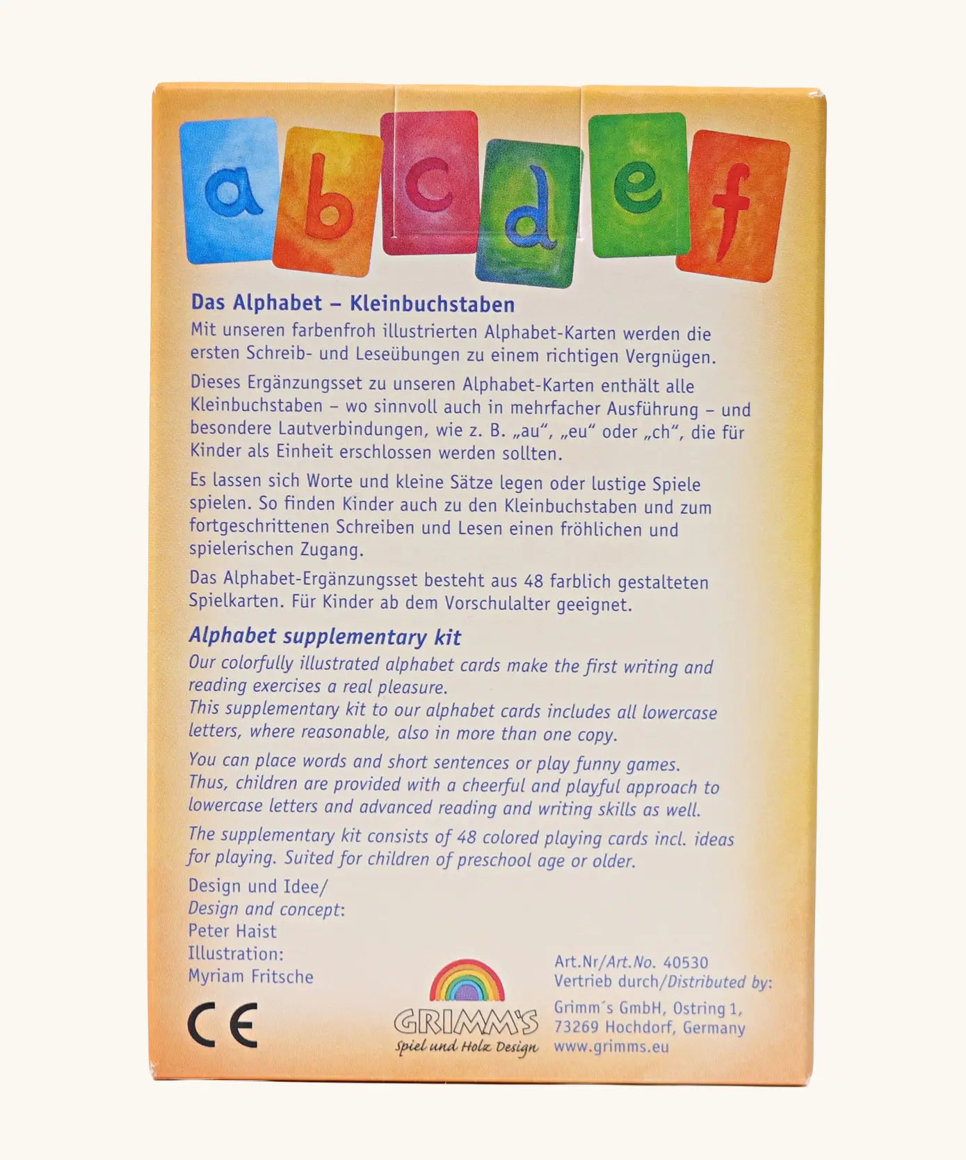 Back of the box holding the Grimms letter supplementary cards showing how the cards can be used.