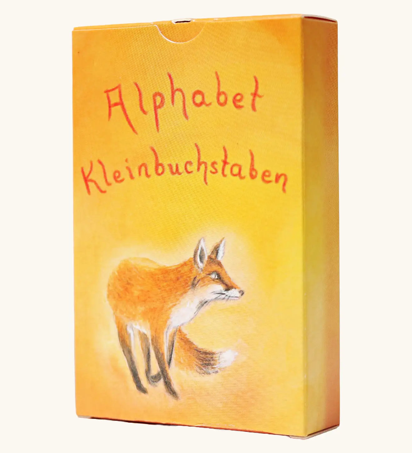 Grimms letter supplementary card set for learning the alphabet, phonics and spelling out simple words. Showing a warm orange yellow packaging with a fox illustration 