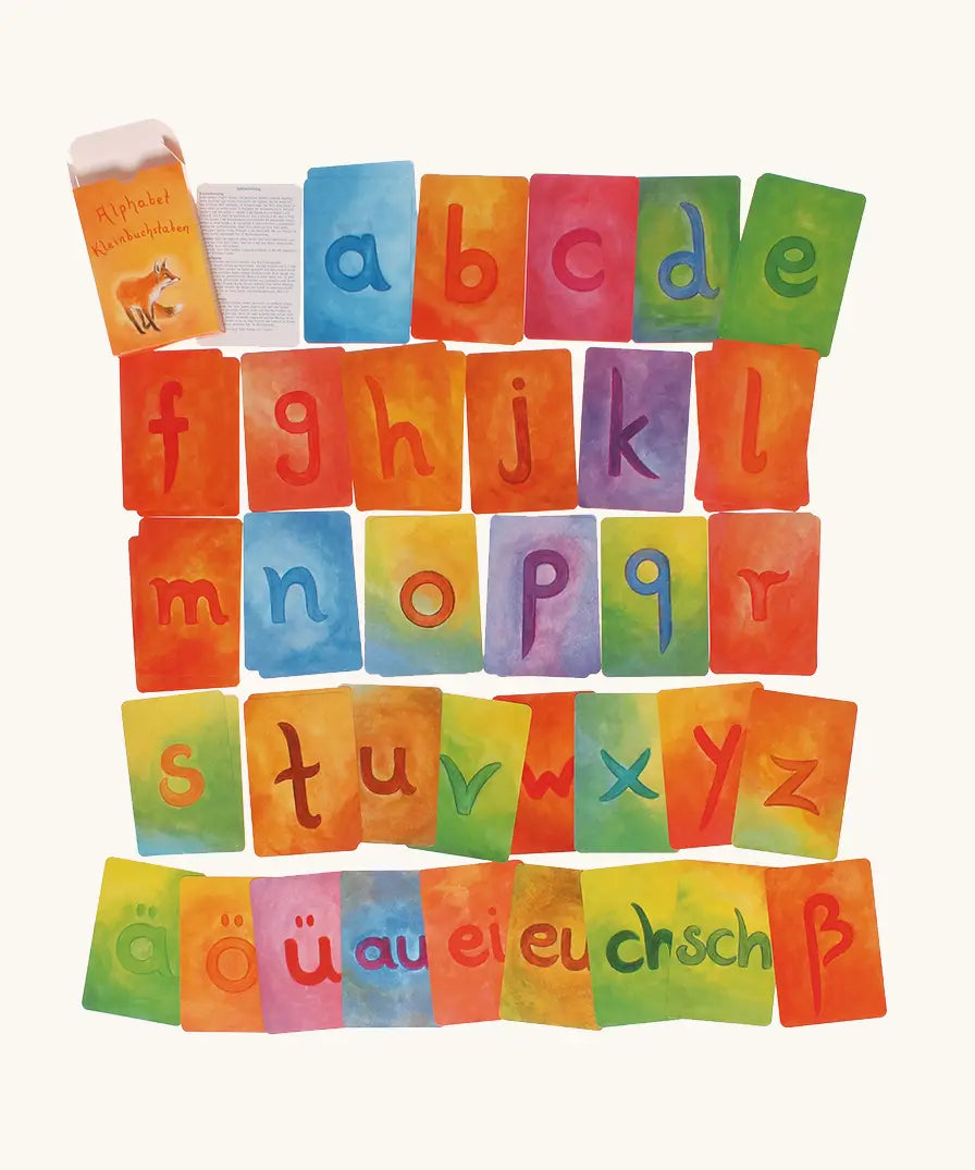 Row of the cards with letters of the alphabet from the Grimms supplementary letter set. 