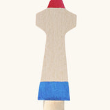 Grimm's handcrafted wooden lighthouse figure with a red top, blue bottom and a unpainted stand