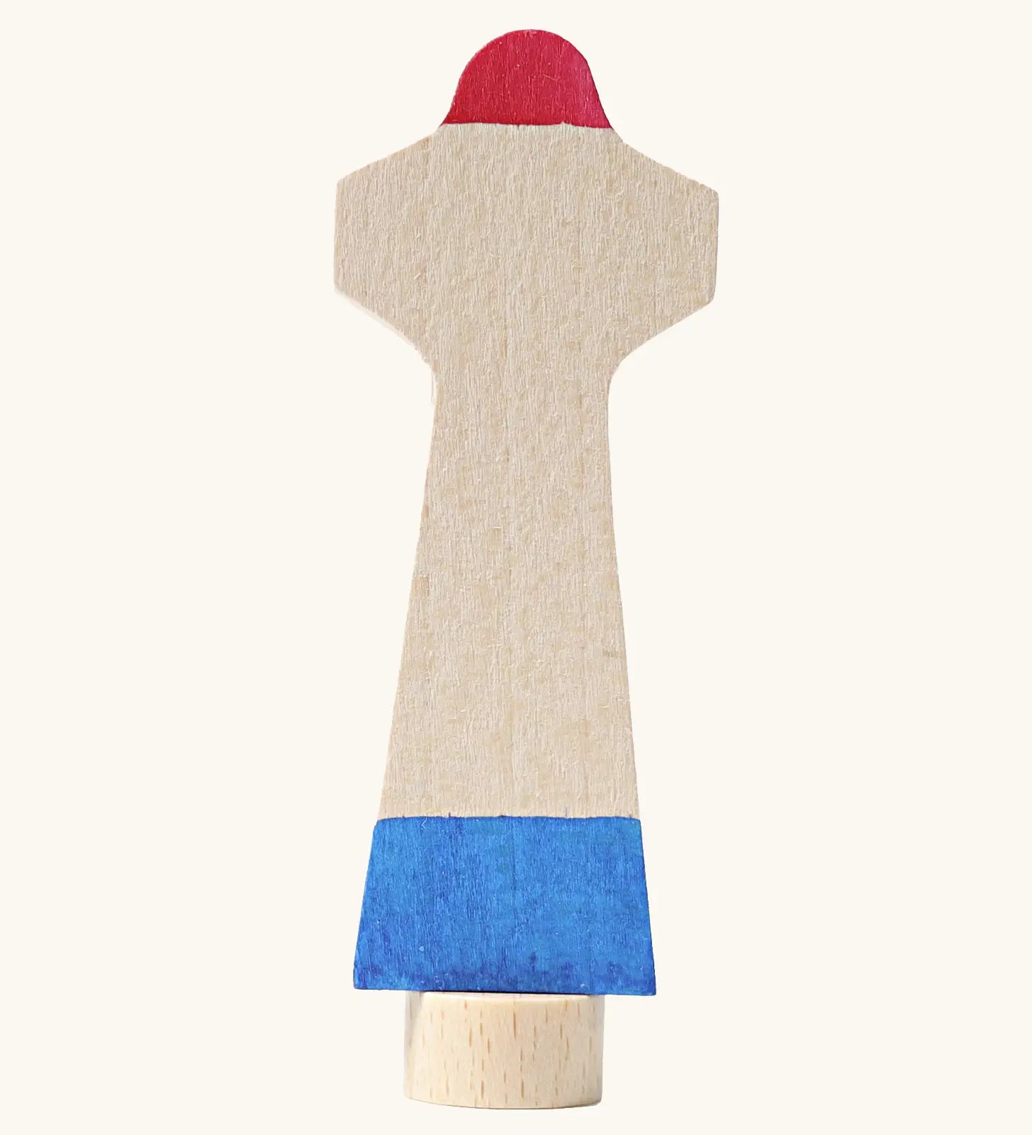 Grimm's handcrafted wooden lighthouse figure with a red top, blue bottom and a unpainted stand