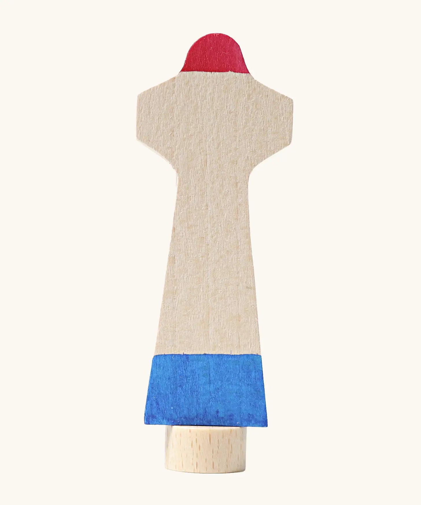 Grimm's handcrafted wooden lighthouse figure with a red top, blue bottom and a unpainted stand