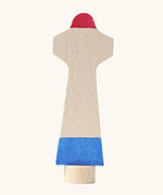 Grimm's handcrafted wooden lighthouse figure with a red top, blue bottom and a unpainted stand