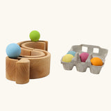 Grimm's 6 piece medium natural rainbow set up as a ball run.