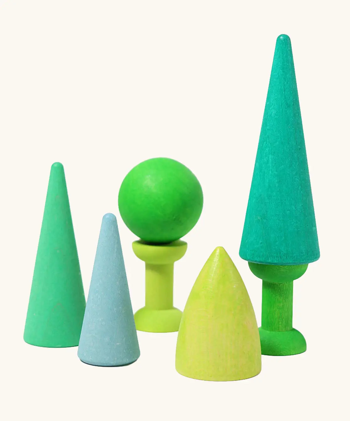 Grimms handcrafted wooden forest set in shades of green. Includes different sized cones, bobbins and a ball 