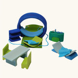 Grimm's blue and green mobile dolls home wooden toy play set.