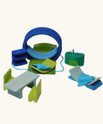 Grimm's blue and green mobile dolls home wooden toy play set.