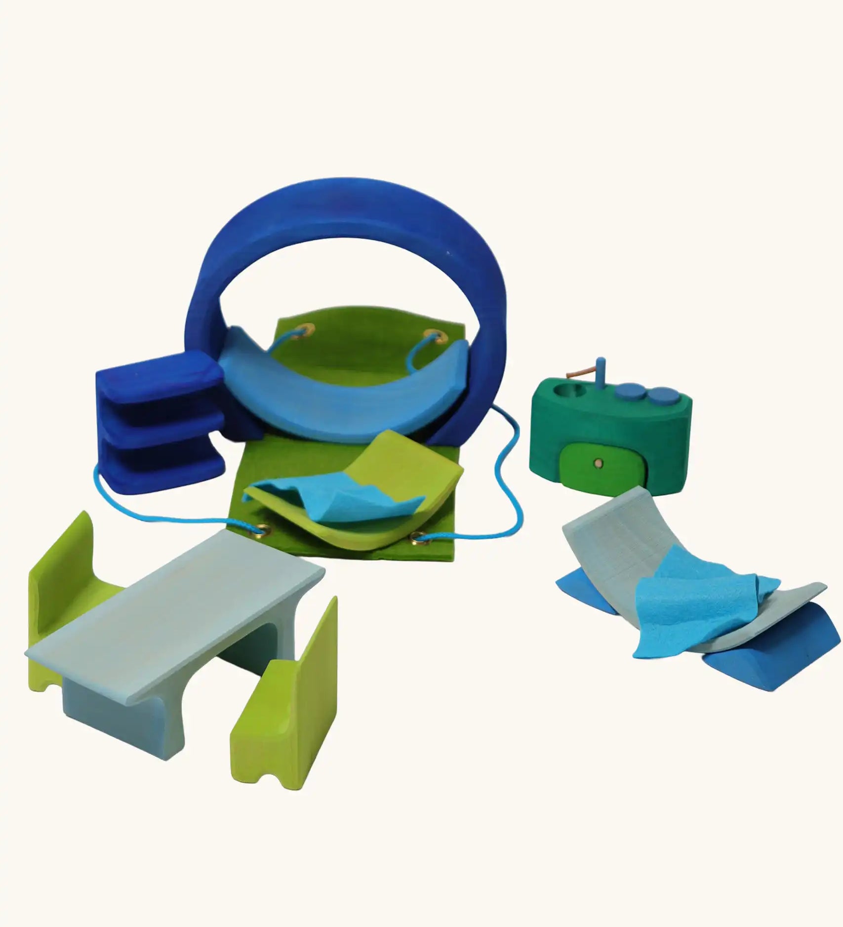 Grimm's blue and green mobile dolls home wooden toy play set.
