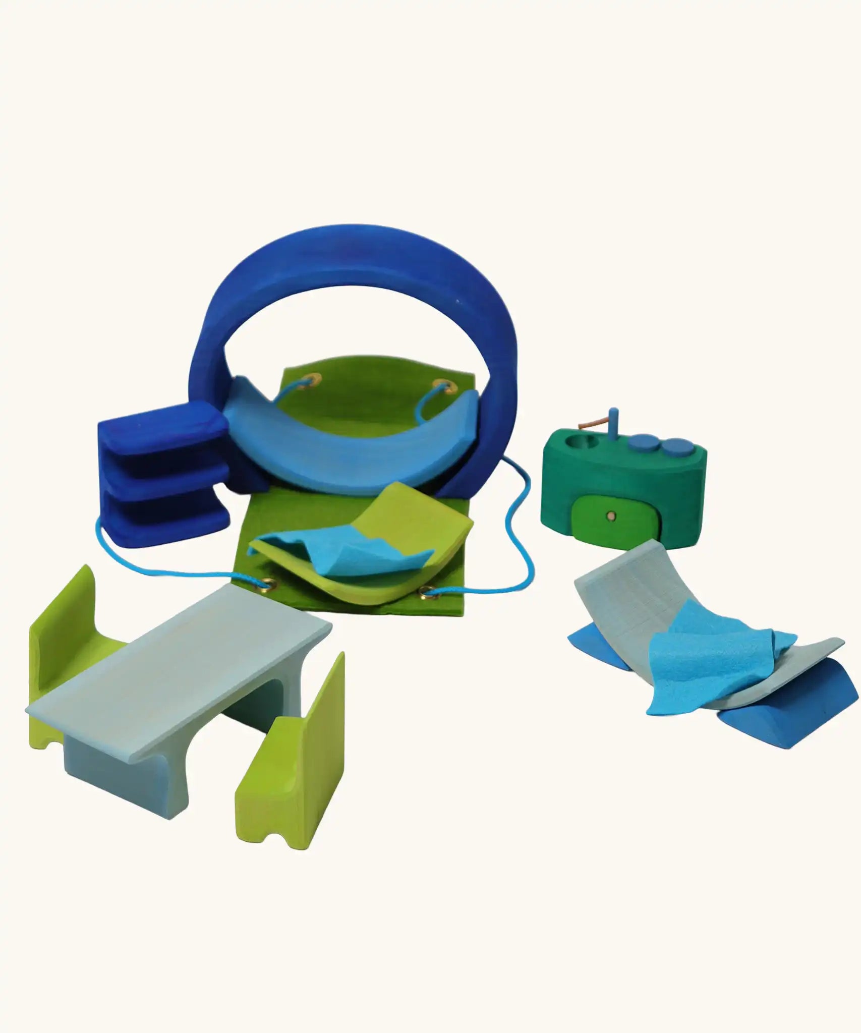 Grimm's blue and green mobile dolls home wooden toy play set.
