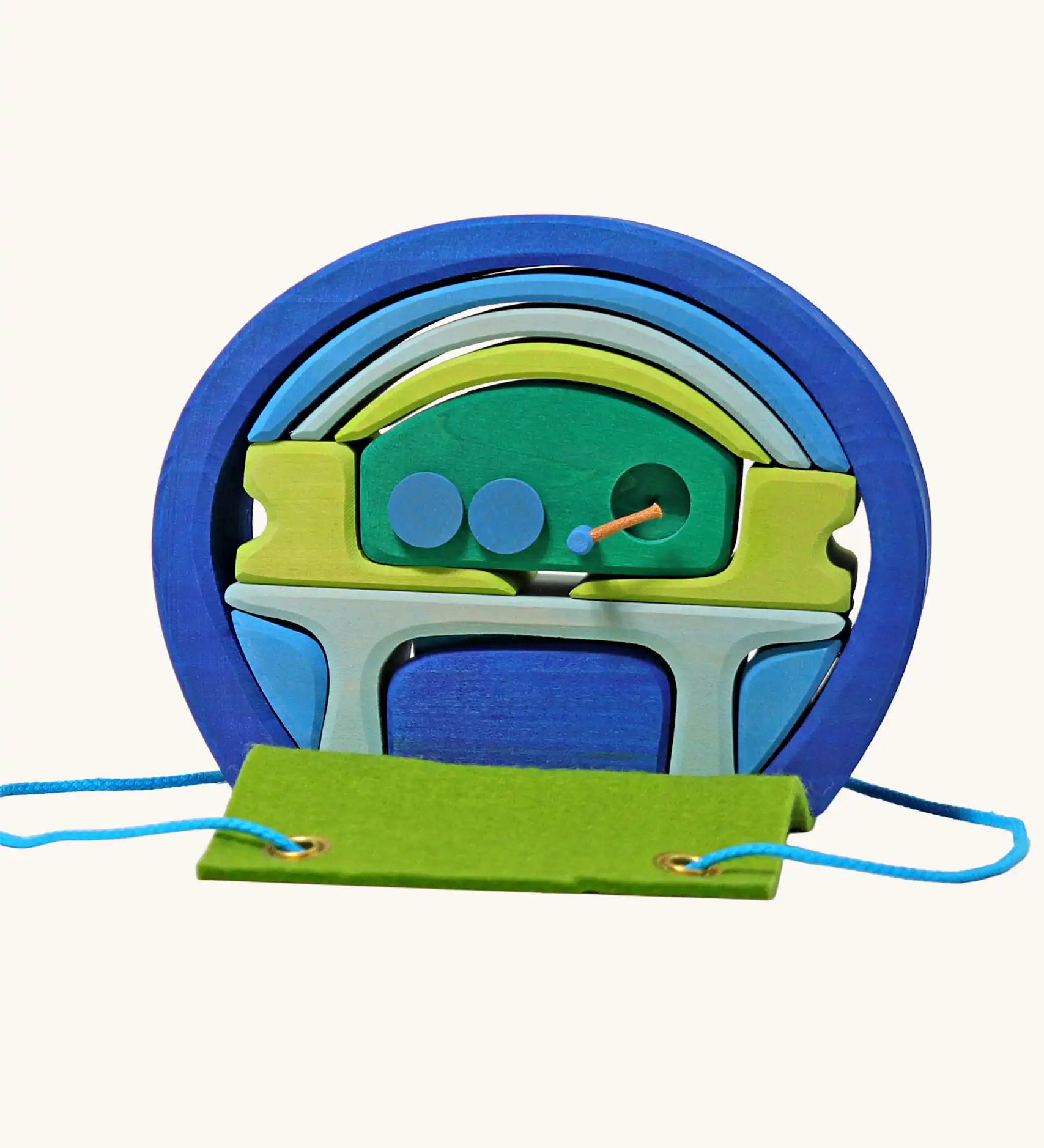 Grimm's blue and green mobile dolls home wooden toy play set.