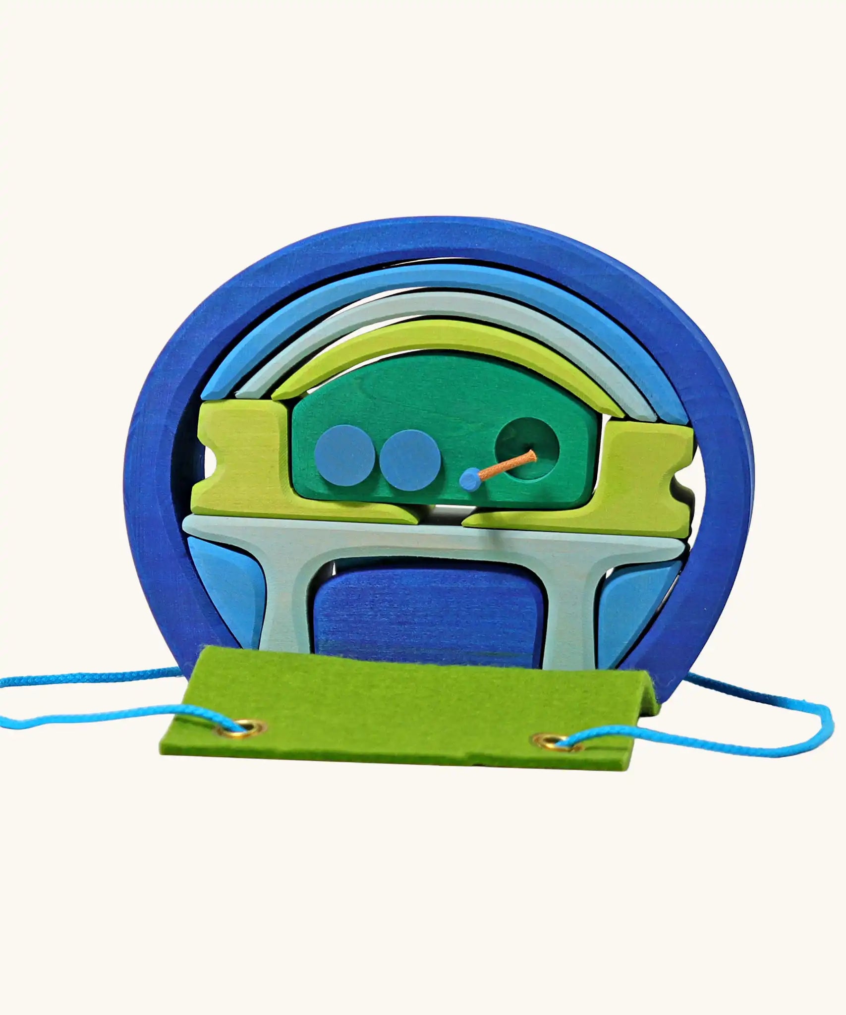 Grimm's blue and green mobile dolls home wooden toy play set.