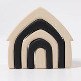Front of Grimm's monochrome house. Showing 5 handcrafted wooden house shapes slot into each other