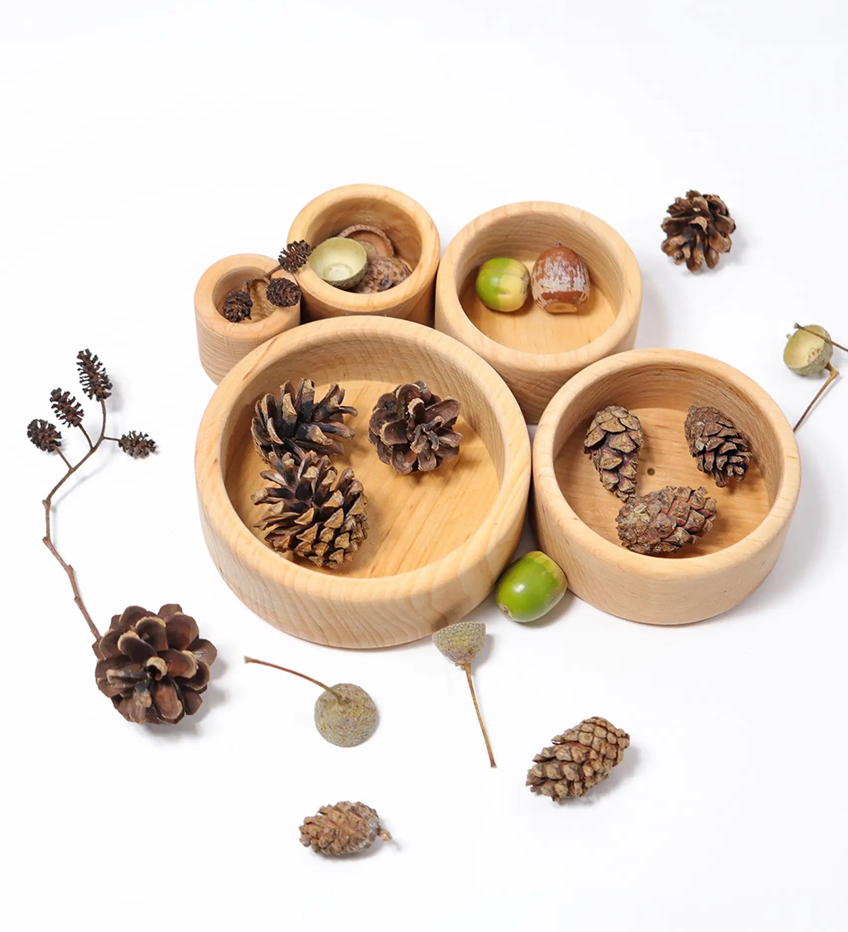 Overhead view of the Grimms natural wooden bowls with acorns and pinecones inside them
