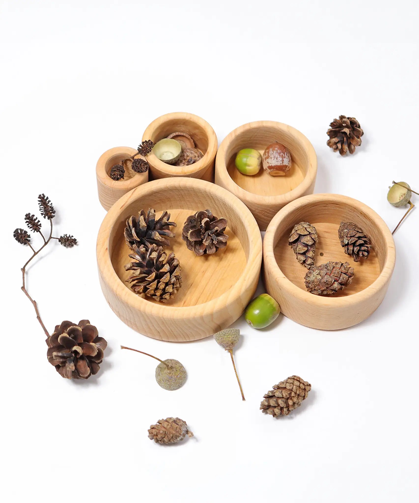 Overhead view of the Grimms natural wooden bowls with acorns and pinecones inside them