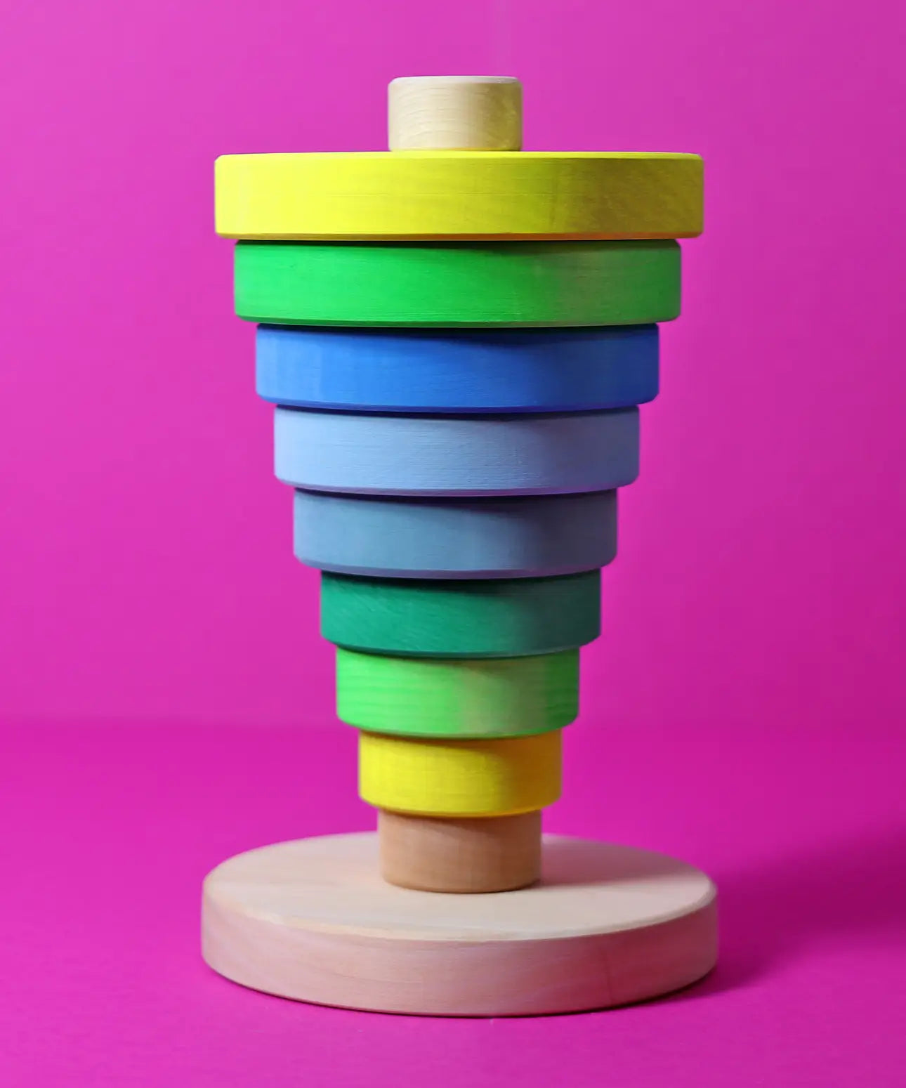 Inverted stack using wooden pieces from the Grimms neon green conical tower 