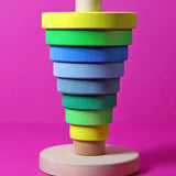 Inverted stack using wooden pieces from the Grimms neon green conical tower 