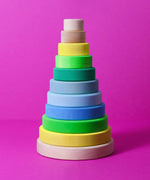 Grimms conical tower in a neon green colour way. Includes 11 handcrafted wooden pieces for building and stacking