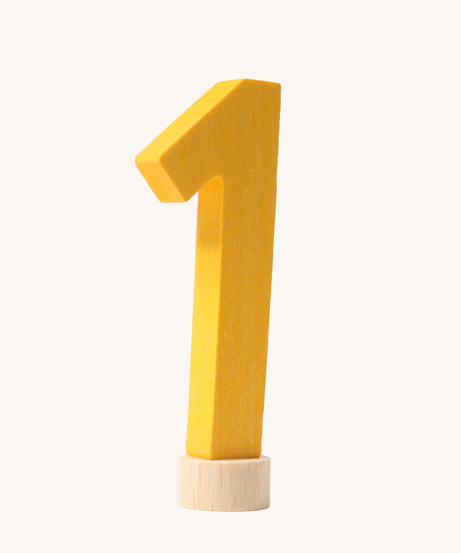 A yellow coloured number one Grimm's Decorative Number figure to fit a Grimm's celebration ring. These numbers are part of a large range of decorative figures available here at Babipur. 